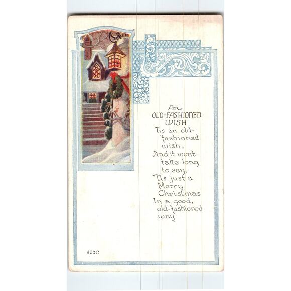Vintage Christmas Postcard Old-Fashioned Wish Snowy House Lantern - Picture 1 of 2
